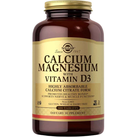 Frasco de suplemento Solgar Calcio Magnesio con Vitamina D3 300 tabletas