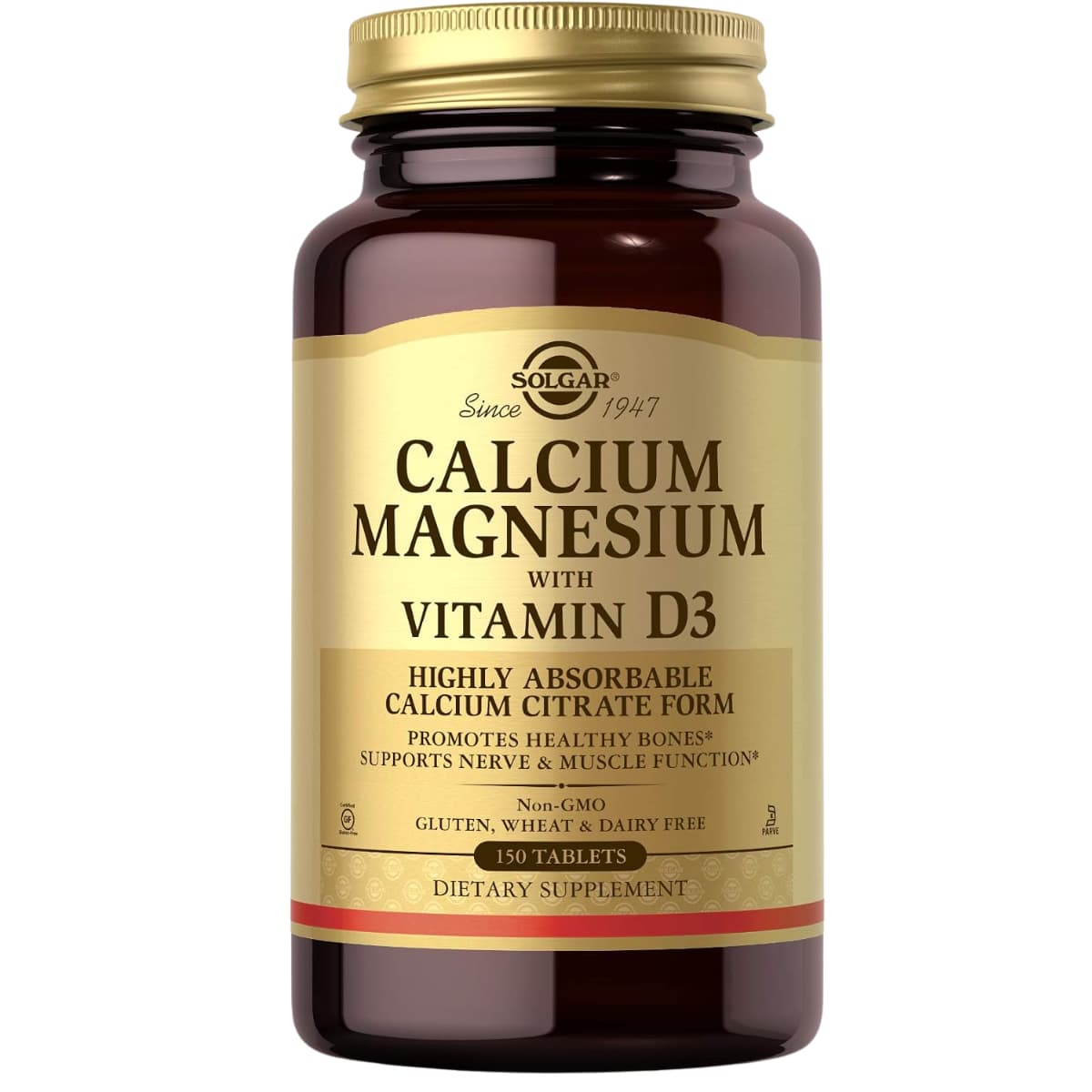 Frasco frontal de Solgar calcio con magnesio y vitamina D3 de 150 tabletas