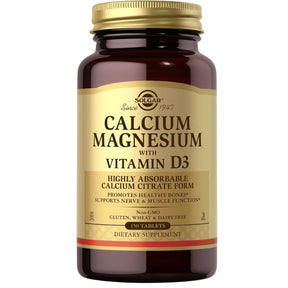 Frasco frontal de Solgar calcio con magnesio y vitamina D3 de 150 tabletas