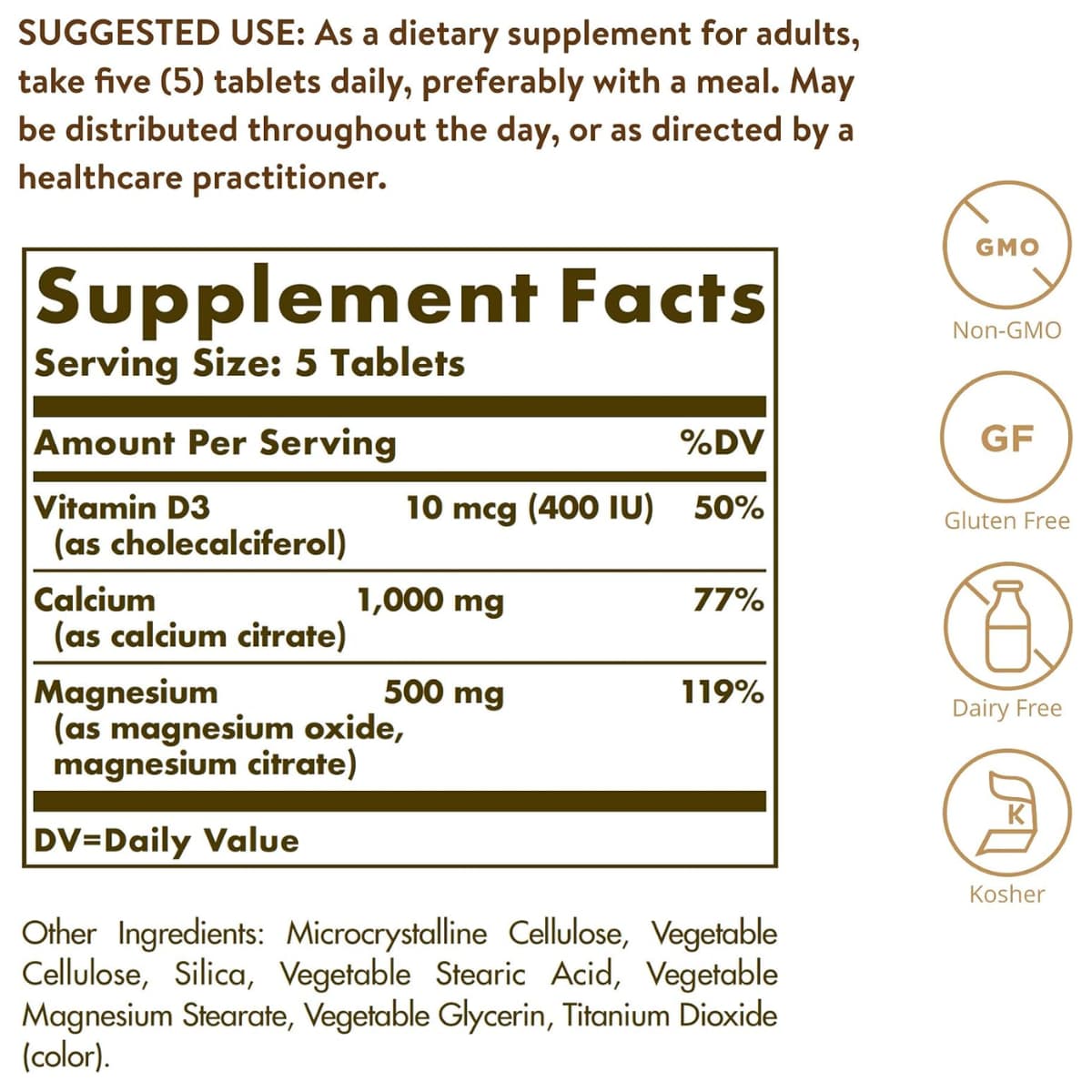 Información del suplemento de Solgar calcio con magnesio y vitamina D3 de 150 tabletas