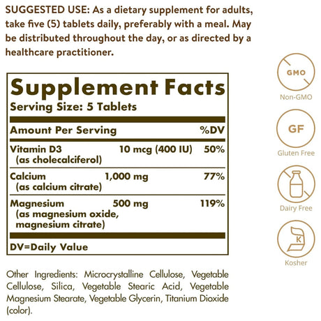 Información del suplemento de Solgar calcio con magnesio y vitamina D3 de 150 tabletas