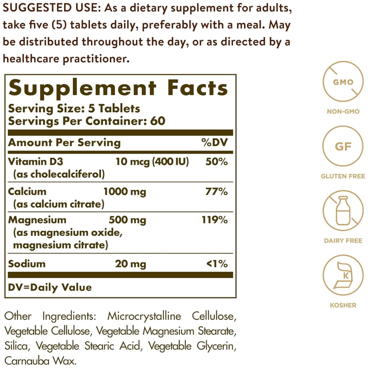 Información del suplemento de Solgar calcio con magnesio y vitamina D3 de 300 tabletas