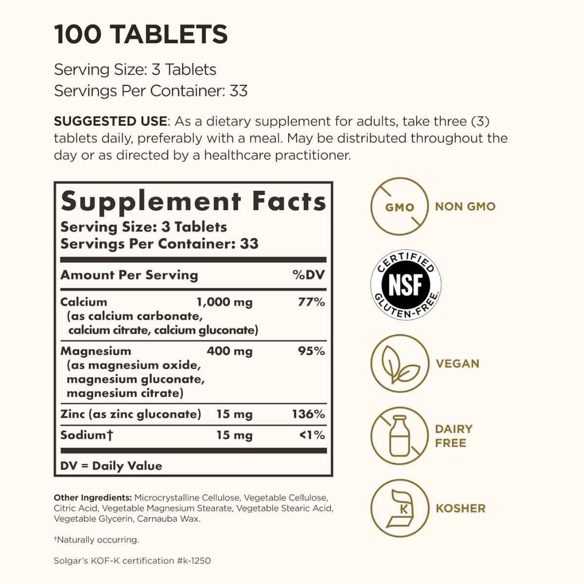 Tabla nutricional del suplemento Solgar Calcio, Magnesio y Zinc 100 tabletas