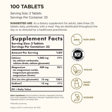 Tabla nutricional del suplemento Solgar Calcio, Magnesio y Zinc 100 tabletas