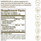 Tabla nutricional del suplemento Solgar Calcio, Magnesio y Zinc 250 tabletas