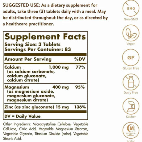 Tabla nutricional del suplemento Solgar Calcio, Magnesio y Zinc 250 tabletas