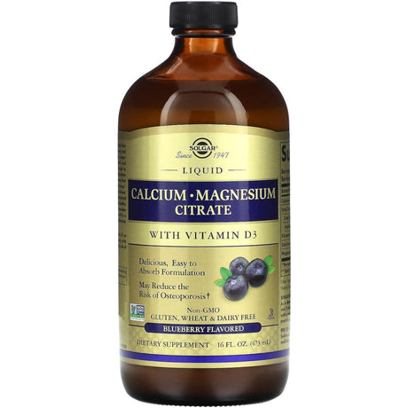 Frasco frontal del frasco Solgar de citrato de calcio, magnesio y vitamina D3 líquido sabor naranja vainilla, 473 ml