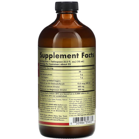 Etiqueta posterior del frasco Solgar de citrato de calcio, magnesio y vitamina D3 líquido sabor fresa, con información del suplemento, modo de uso y advertencias, 473 ml