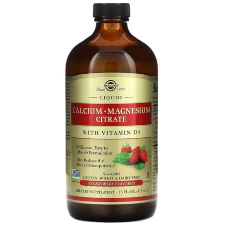 Frasco frontal del frasco Solgar de citrato de calcio, magnesio y vitamina D3 líquido sabor fresa, 473 ml