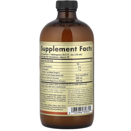 Etiqueta posterior del frasco Solgar de citrato de calcio, magnesio y vitamina D3 líquido sabor naranja vainilla, con información del suplemento, modo de uso y advertencias, 473 ml