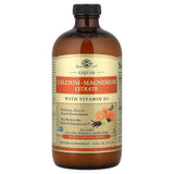 Frasco frontal del frasco Solgar de citrato de calcio, magnesio y vitamina D3 líquido sabor naranja vainilla, 473 ml