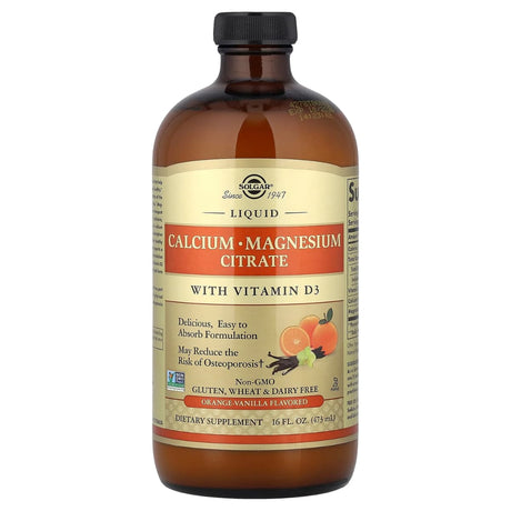 Frasco frontal del frasco Solgar de citrato de calcio, magnesio y vitamina D3 líquido sabor naranja vainilla, 473 ml