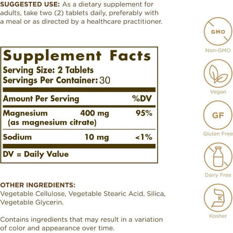 Información del suplemento Solgar citrato de magnesio 60 tabletas