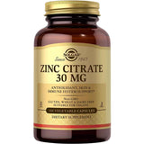 Frasco de suplemento Solgar Citrato de Zinc 30 mg 100 cápsulas