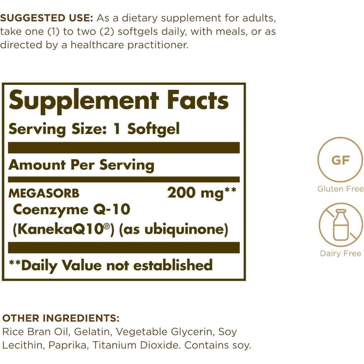 Tabla nutricional del suplemento Solgar Coenzima Q-10 200 mg 30 cápsulas blandas