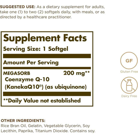 Tabla nutricional del suplemento Solgar Coenzima Q-10 200 mg 30 cápsulas blandas