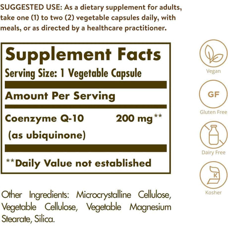 Tabla nutricional del suplemento Solgar Coenzima Q10 200 mg 30 cápsulas vegetales