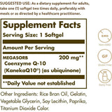 Tabla nutricional del suplemento Solgar Coenzima Q-10 200 mg 60 cápsulas blandas