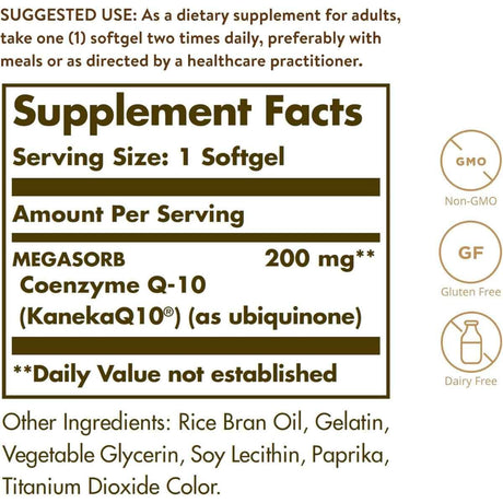 Tabla nutricional del suplemento Solgar Coenzima Q-10 200 mg 60 cápsulas blandas