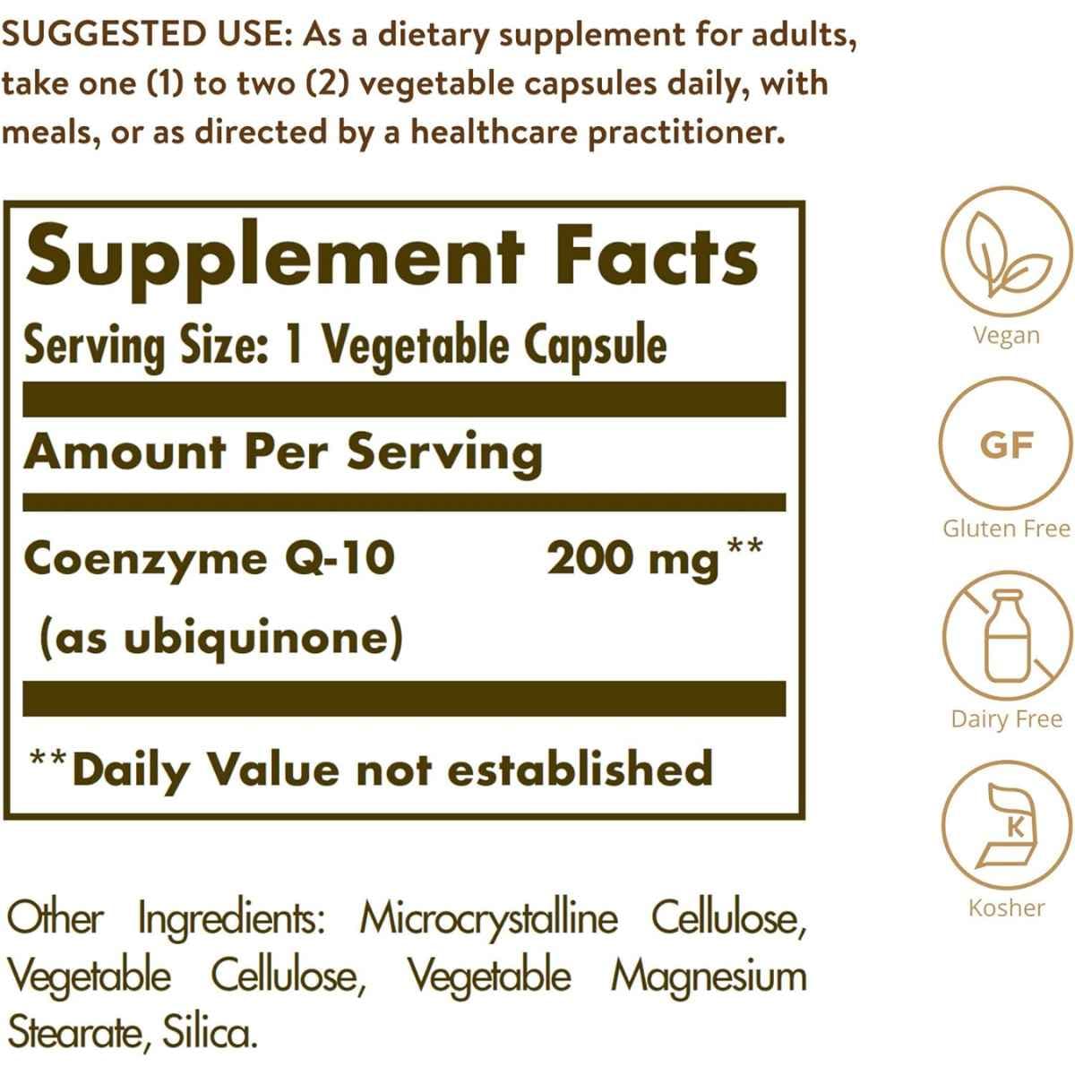 Tabla nutricional del suplemento Solgar Coenzima Q10 200 mg 60 cápsulas vegetales