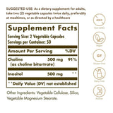 Tabla nutricional del suplemento Solgar Colina e Inositol 500 mg / 500 mg 100 cápsulas vegetales