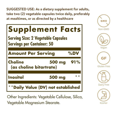 Tabla nutricional del suplemento Solgar Colina e Inositol 500 mg / 500 mg 100 cápsulas vegetales