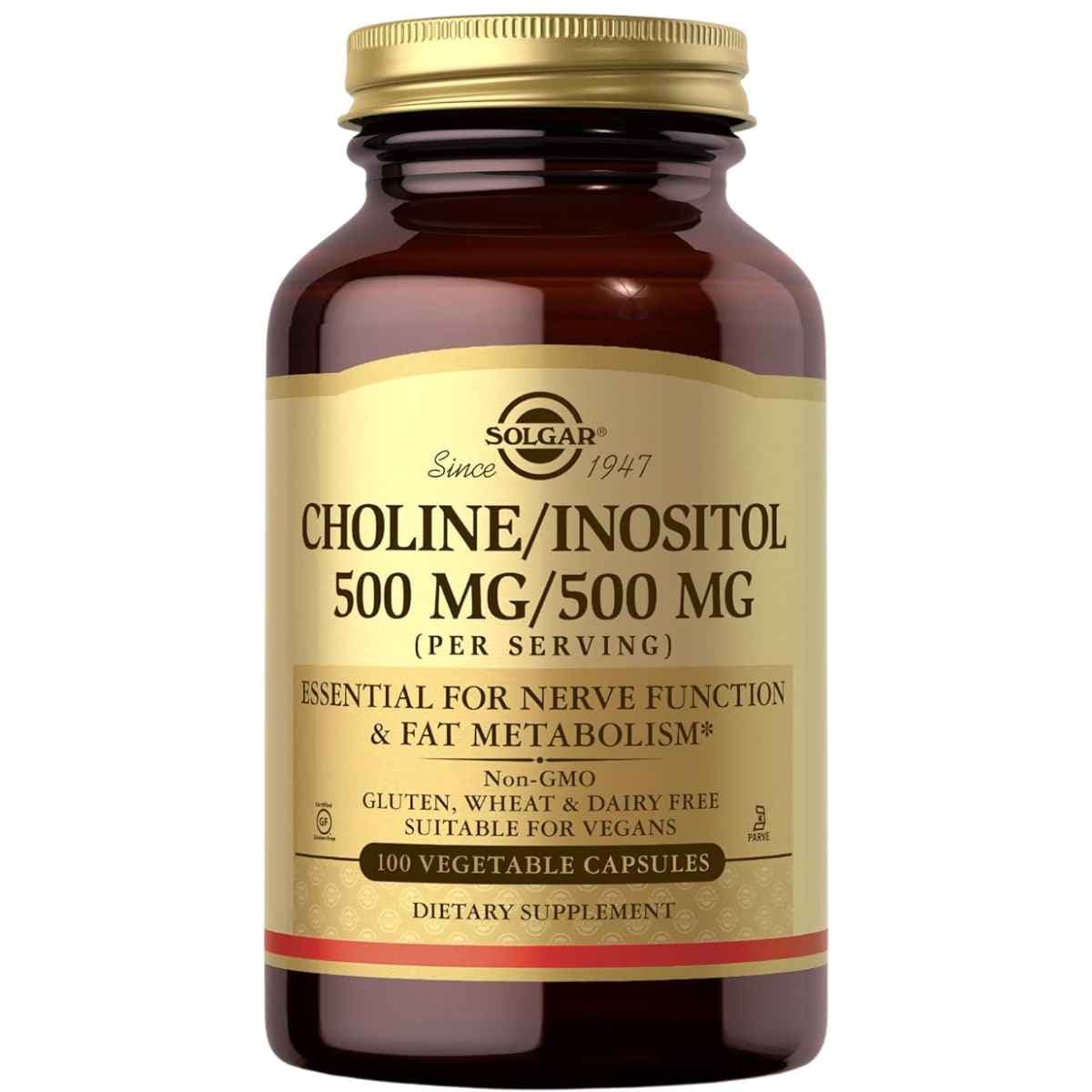 Frasco de suplemento Solgar Colina e Inositol 500 mg / 500 mg 100 cápsulas vegetales