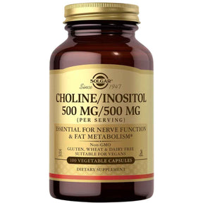 Frasco de suplemento Solgar Colina e Inositol 500 mg / 500 mg 100 cápsulas vegetales