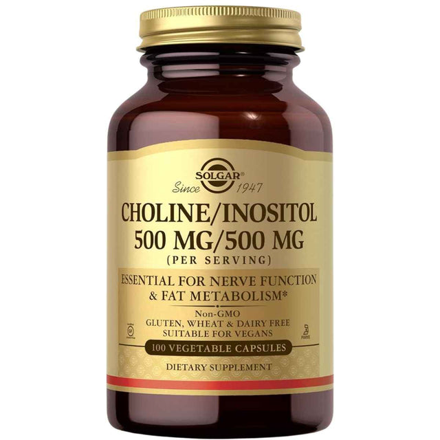 Frasco de suplemento Solgar Colina e Inositol 500 mg / 500 mg 100 cápsulas vegetales