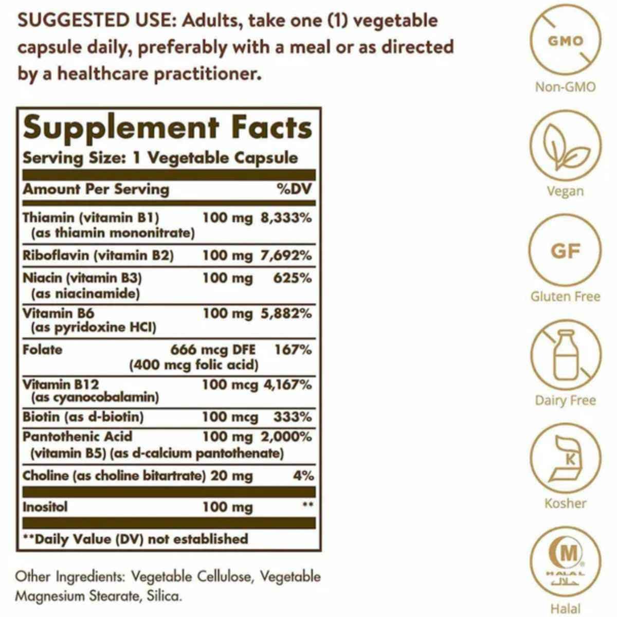 Tabla nutricional del suplemento Solgar Complejo B “100” 100 cápsulas vegetales