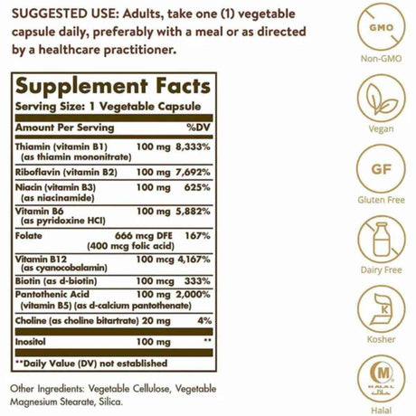 Tabla nutricional del suplemento Solgar Complejo B “100” 100 cápsulas vegetales