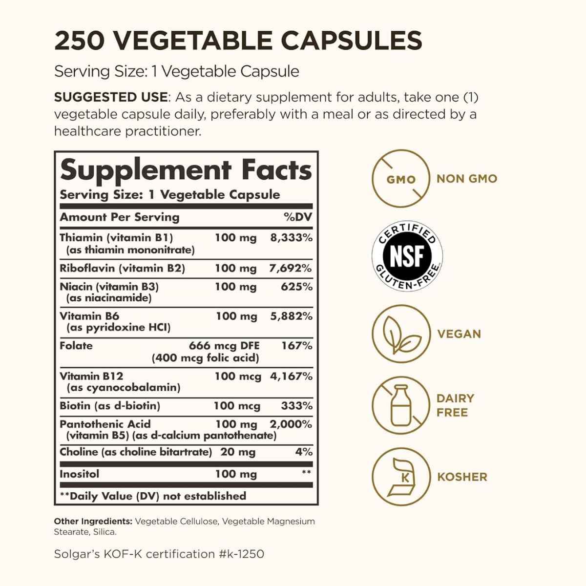 Tabla nutricional del suplemento Solgar Complejo B 100 250 cápsulas vegetales