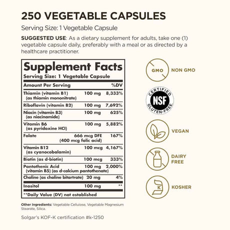 Tabla nutricional del suplemento Solgar Complejo B 100 250 cápsulas vegetales