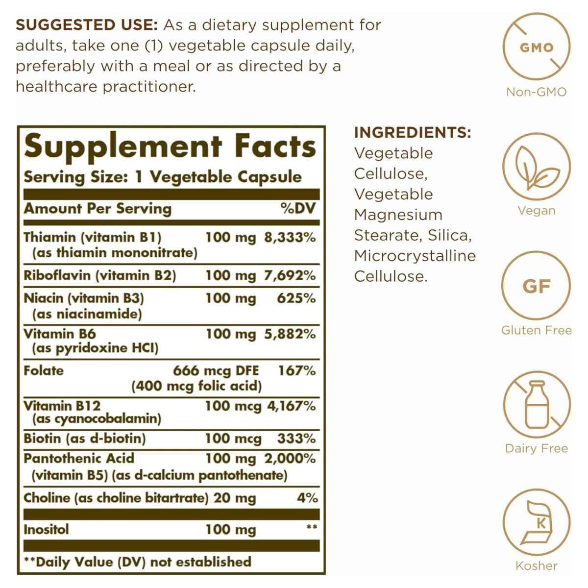 Tabla nutricional del suplemento Solgar Complejo B 100 50 cápsulas vegetales