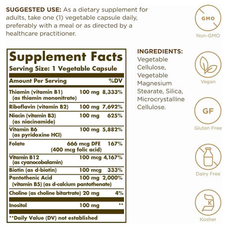 Tabla nutricional del suplemento Solgar Complejo B 100 50 cápsulas vegetales
