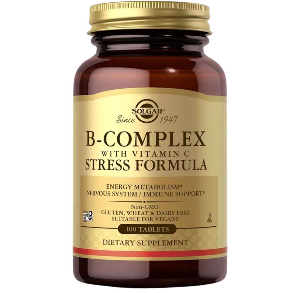 Frasco de suplemento Solgar Complejo B con Vitamina C 100 tab
