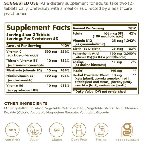 Tabla nutricional del suplemento Solgar Complejo B con Vitamina C Fórmula Anti-Estrés 100 tabletas