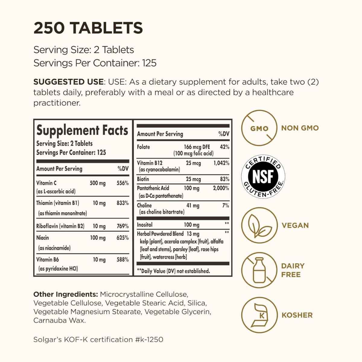 Tabla nutricional del suplemento Solgar Complejo B con Vitamina C Fórmula Anti-Estrés 250 tabletas