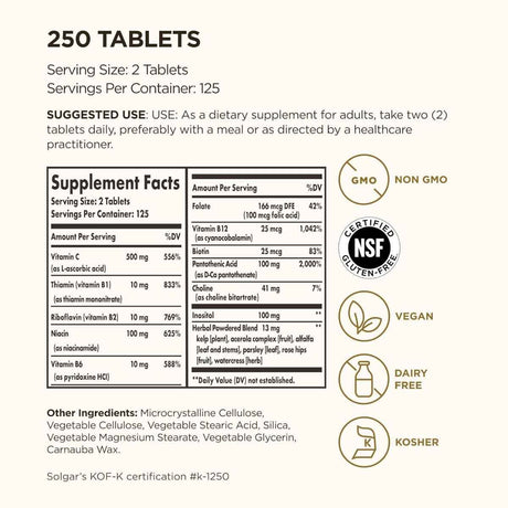 Tabla nutricional del suplemento Solgar Complejo B con Vitamina C Fórmula Anti-Estrés 250 tabletas