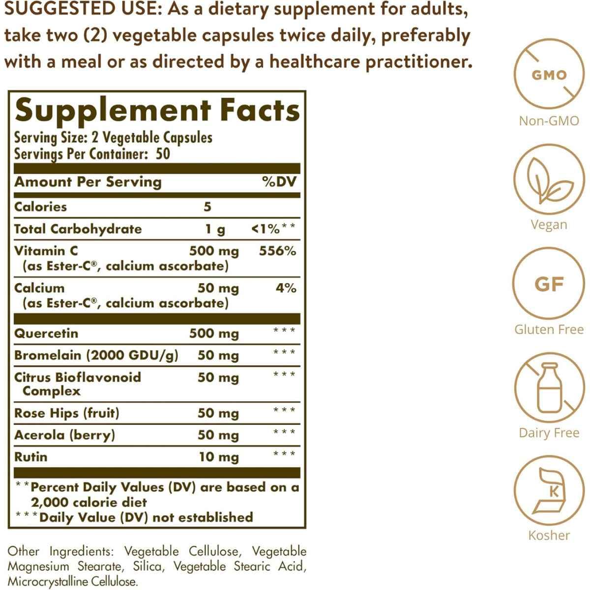 Tabla nutricional del suplemento Solgar Complejo de Quercetina con Ester-C 100 cápsulas