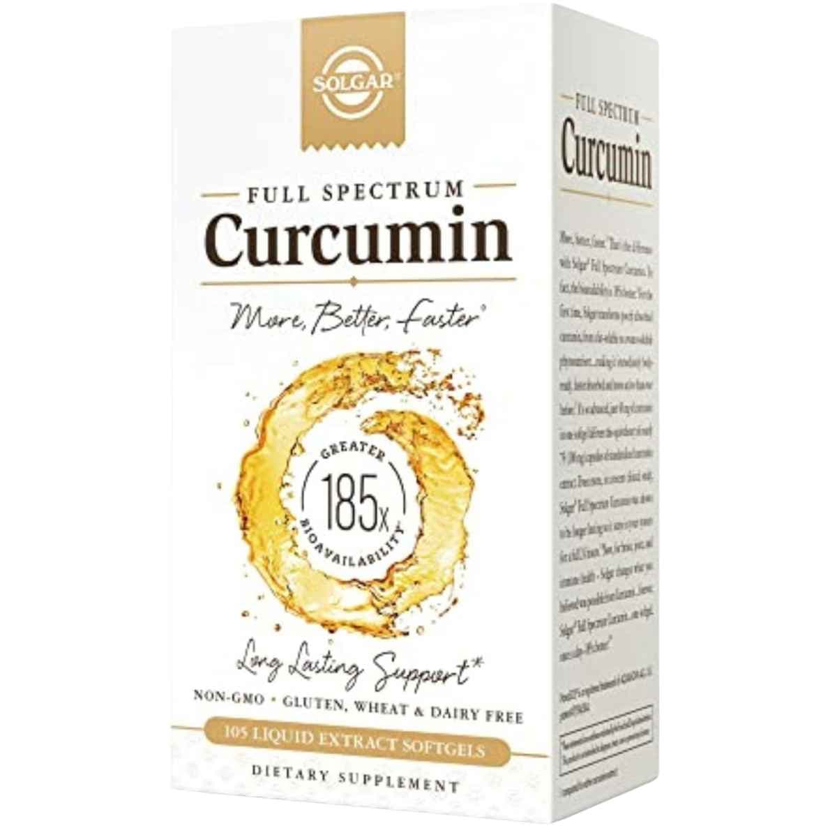 Frasco de suplemento Solgar Curcumina de Espectro Completo 40 mg 105 cápsulas blandas