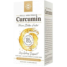 Frasco de suplemento Solgar Curcumina de Espectro Completo 40 mg 105 cápsulas blandas