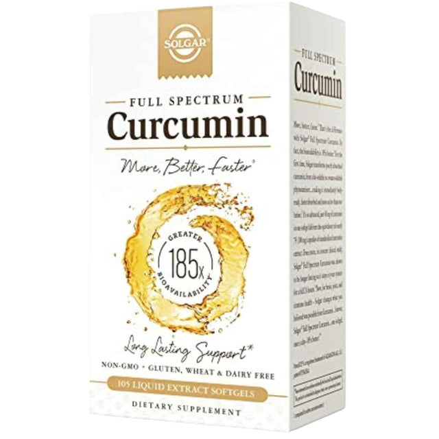 Frasco de suplemento Solgar Curcumina de Espectro Completo 40 mg 105 cápsulas blandas