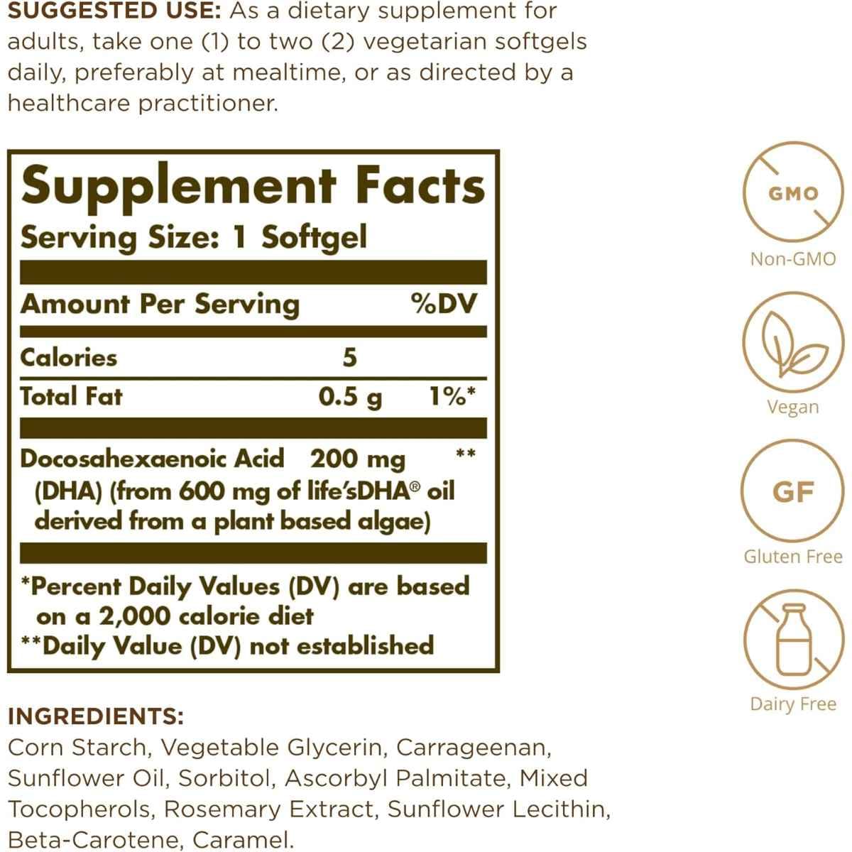 Etiqueta de Solgar DHA Vegetariano Omega-3 de 200 mg con tabla del suplemento e ingredientes