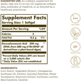 Etiqueta de Solgar DHA Vegetariano Omega-3 de 200 mg con tabla del suplemento e ingredientes