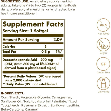 Etiqueta de Solgar DHA Vegetariano Omega-3 de 200 mg con tabla del suplemento e ingredientes