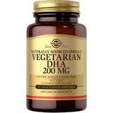 Frasco frontal de Solgar DHA Vegetariano Omega-3 de 200 mg con 50 cápsulas blandas
