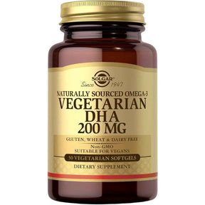 Frasco frontal de Solgar DHA Vegetariano Omega-3 de 200 mg con 50 cápsulas blandas