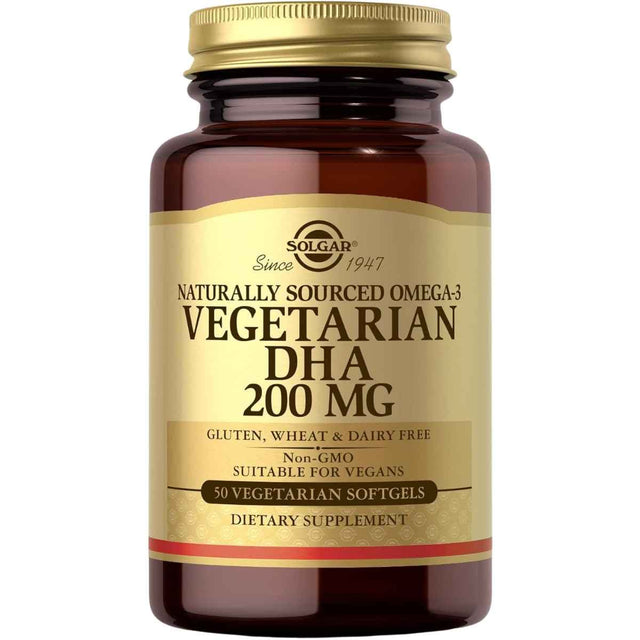 Frasco frontal de Solgar DHA Vegetariano Omega-3 de 200 mg con 50 cápsulas blandas
