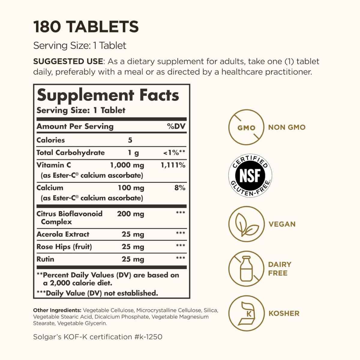 Etiqueta de ingredientes de Solgar Ester-C Plus vitamina C 1000 mg, presentación de 180 tabletas.